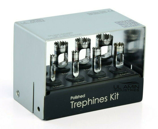 Dental Trephine Drills Kit 8pcs Implant Surgical Surgery Polished Finish Black Box FREE Bur Holder CE ISO