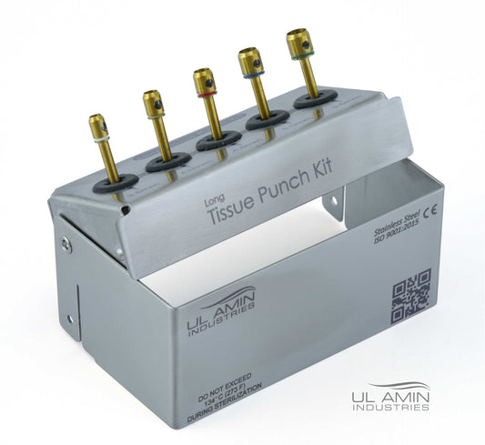 Dental Implant Long Tissue Punch Kit 5pcs Gold Titanium NiTride Coated Surgical Surgery Bur Holder UL AMIN CE